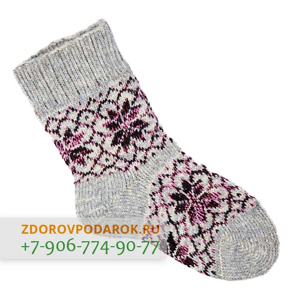 Шерстяные носки со снежинками, розово-серые, без резинки