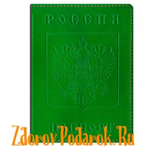 Обложка для паспорта, Герб и гимн России, тисненая кожа, цвет зеленый