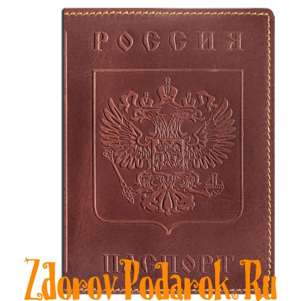 Обложка для паспорта, Герб и гимн России, тисненая кожа, цвет коричневый