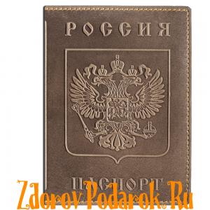 Обложка для паспорта, Герб и гимн России, тисненая кожа, цвет бежево-серый