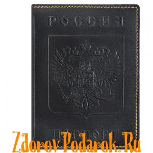 Обложка для паспорта, Герб и гимн России, тисненая кожа, цвет черный