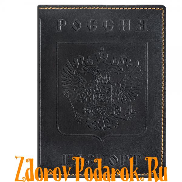 Обложка для паспорта, Герб и гимн России, тисненая кожа, цвет черный
